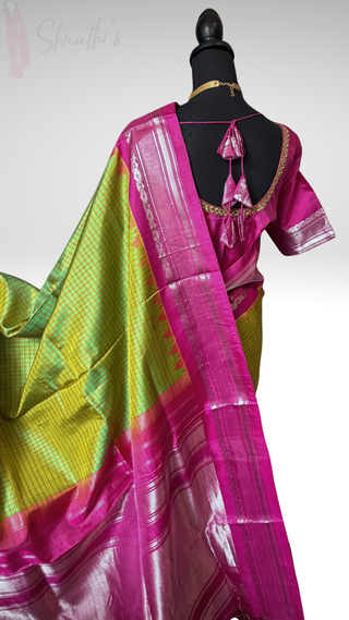 Pure Handloom silk Green to pink  butta Gadwal silk saree with stitched blouse embroidered blouse