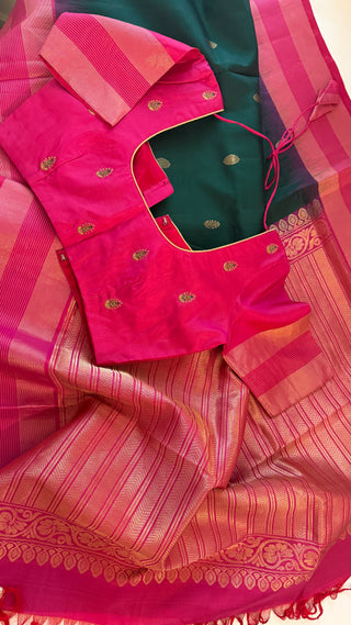 Pure Soft Silk Saree Bottle green with pink  silk saree with embroidered  Stitched Blouse Indian handloom wedding pattu Saree Online USA Ready to Ship Saree Online USA Easy Drape