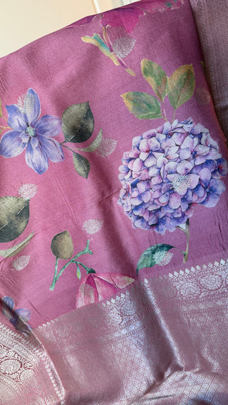 Lotus Pink Tussar Beneras Floral printed Katan saree with prestitched blouse