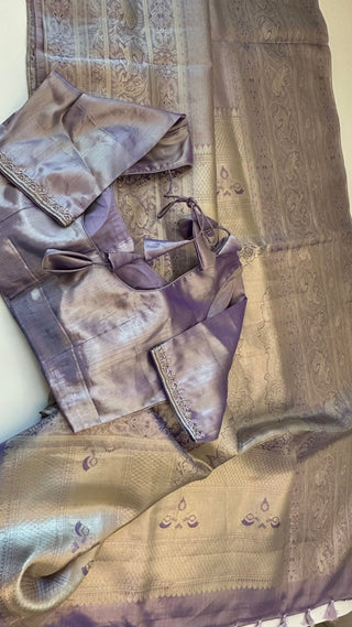 Pastel Lavender vaira oosi silver zari KANJIVARAM SAREE with Hand embroidered blouse