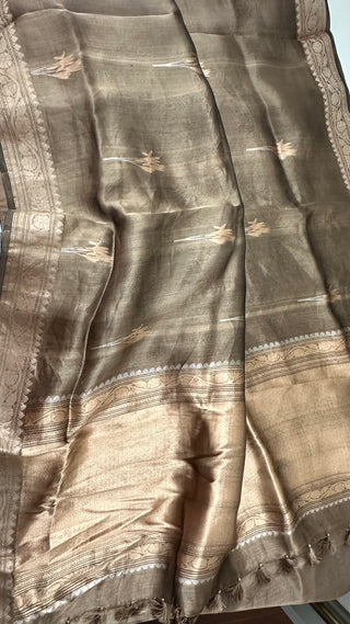 Pure Greyish BrownDouble Tissue beneras soft organza silk saree with blouse online shopping usa