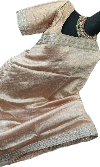 Pastel tissue crushed silk saree with embroidered blouse easy drape online shopping usa