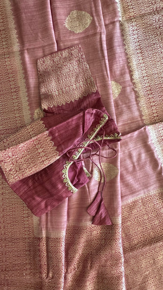Pink Tussar Beneras Katan saree with prestitched blouse