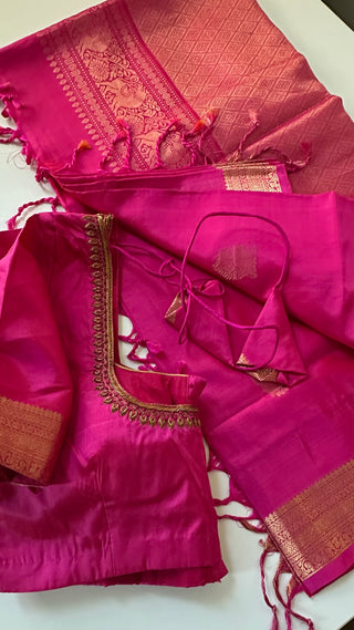 Pink pure  soft silk saree  zari and hand embroidered blouse
