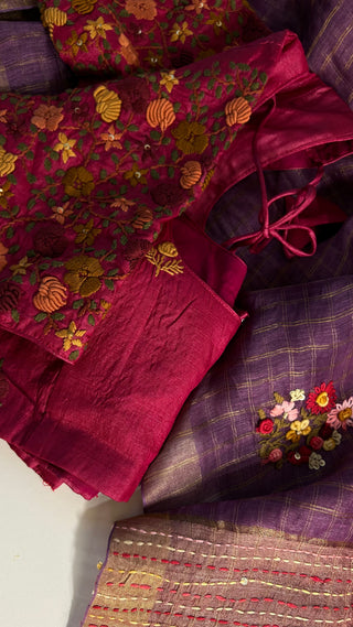 Violet Linen saree Handloom Linen with embroidery silk blouses zari borders and fine checks Partywear bridesmaids