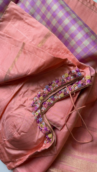 Pastel pure kanjivaram  silk checks saree with hand embroidered blouse
