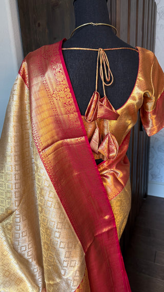 Gold Tissue Red Brocade Pure silk pattumuhurtam saree pure zari Kanjivaram silk saree with prestitched blouse embroidered blouse