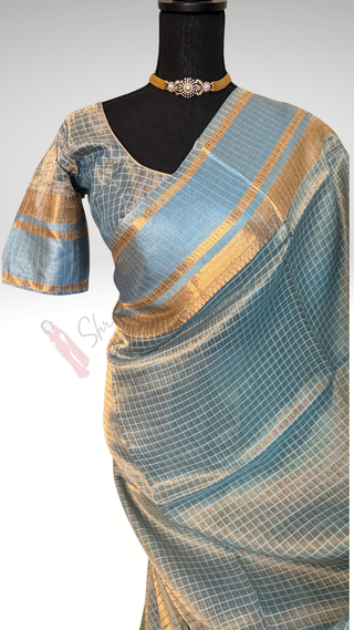 Pure Tissue Beneras pastel Ice Blue checks handwoven pure silk saree stitched blouse saree readymade online USA