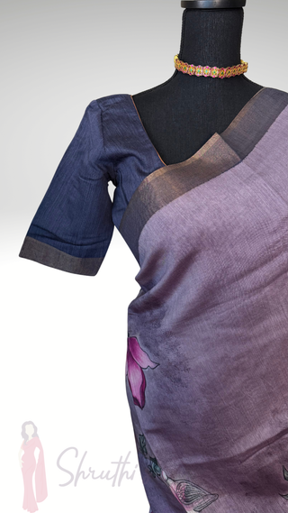Tussar Silk handloom printed floral lavender violet Saree – Pure Silk Easy Drape Partywear & Indian Pooja Wear with Stitched Blouse | Online USA