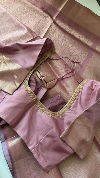 Pastel mauve silver zari kanjivaram silver zari with stitched blouse.