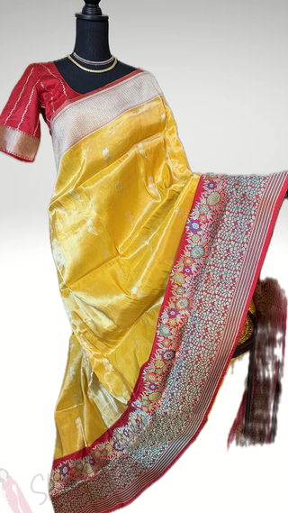 Banaras Pure yellow Tissue Silk Saree with silver  Zari Border – Ready to Wear Online USA