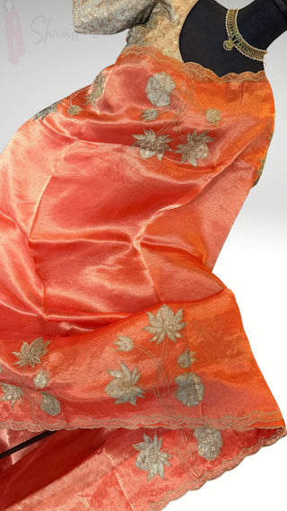 Pure Tissue Red pure silk saree stitched blouse brocade silk ready to wear altered to fit  online USA