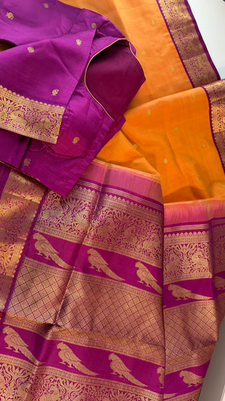Pure kanjivaram vintage small border Orange purple  Kanchi pattu saree gold silver zari Indian wedding saree pure silk saree with stitched blouse usa online shopping