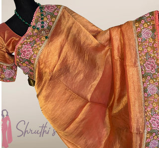 Pure Tissue Beneras Orange handwoven pure silk saree stitched blouse saree readymade online USA