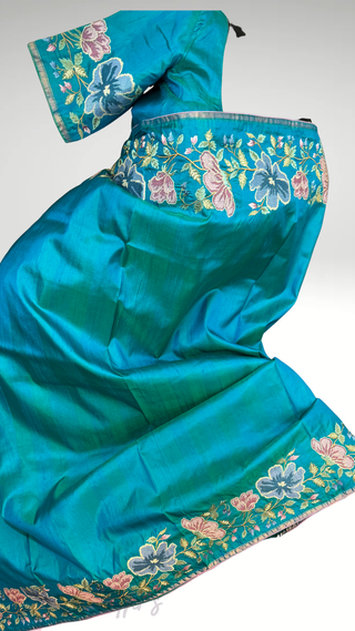 Handloom Pure soft silk embroidered borders and pallu silk handwoven blouse border