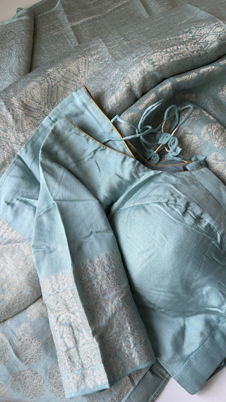 Pastel blue Pure crepe high Gsm Brocade silver zari Mysore Soft Silk Saree beautiful embroidered saree Indian Wedding & Bridal Silk Saree ready to ship for bride