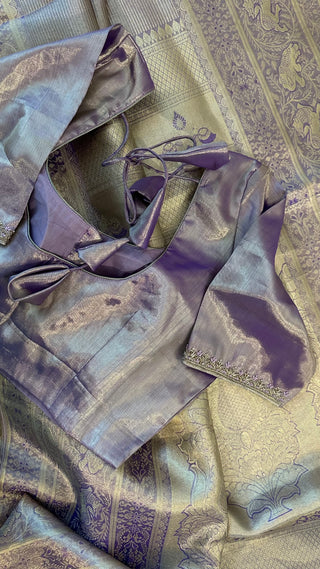 Pastel Lavender vaira oosi silver zari KANJIVARAM SAREE with Hand embroidered blouse
