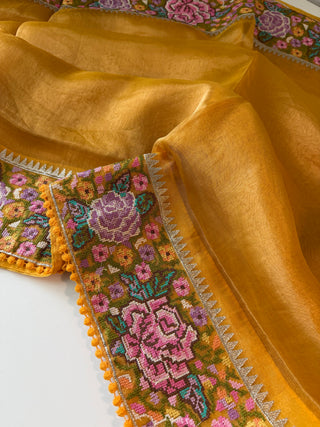 Pure Tissue Beneras yellow handwoven pure silk saree stitched blouse saree readymade online USA