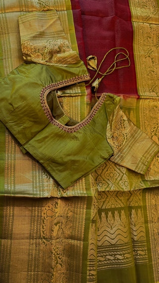 Betalnut Leaf Green  Gadwal handwoven silk saree with embroidered stitched blouse