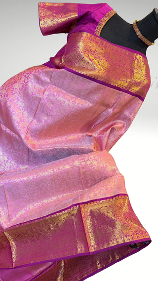 Pure Handloom Authentic Kanjivaram Pastel Pink Vanasingaram brocade silk saree gold zari online stitched blouse embroidered blouse  one of a kind elegant easy drape  silk saree online shopping ships from USA