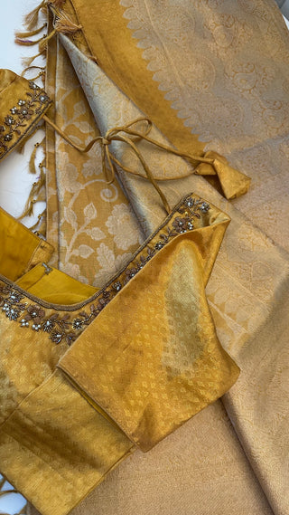 Pure Gold tissue Kanchi Kora Pure zari silk saree with stitched  blouse online shopping usa