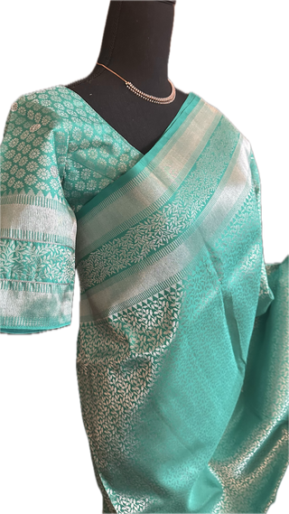 Traditional indian wedding saree south silk Brocade turquiose kanchi pattu saree Pure silver zari stitched blouse