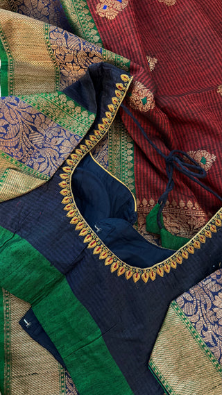 Pure Handloom Maroon Tussar Beneras Katan saree with prestitched blouse