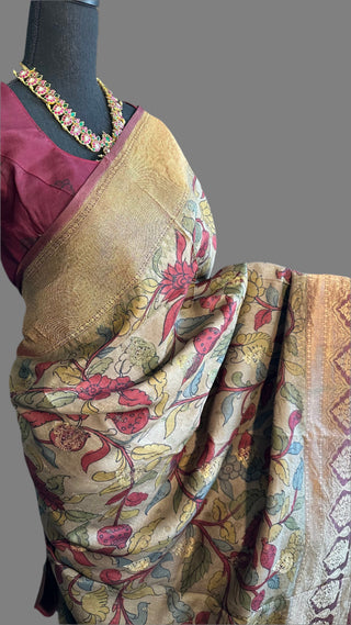 Pen Kalamkari Kanchi Pattu saree with zari  gold pure silk saree usa