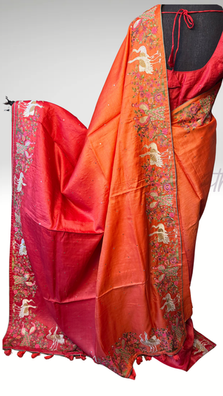 Handwoven Tussar Embroidery borders and pallu Partywear elegant beauty  one of kind print tussar silk saree  online and prestitched blouse