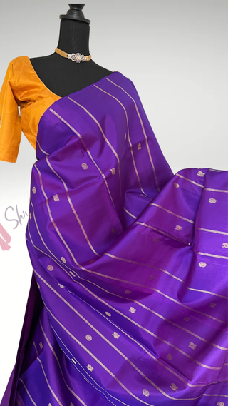 Borderless Handloom silk Pure Purple gold kanchi pattu saree with embroidered blouse