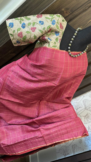 Pink pure tussar silk with Kalamkari blouse silk blouses Partywear Indian saree usa