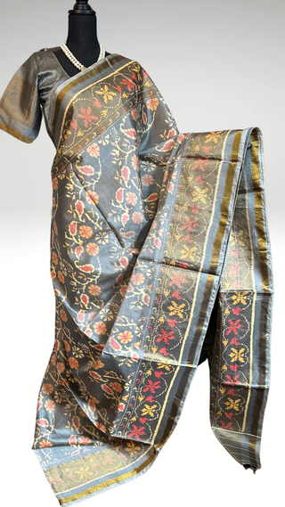 Grey double weave Rajkot patola silk saree with stitched blouse Partywear saree elegant easy drape saree