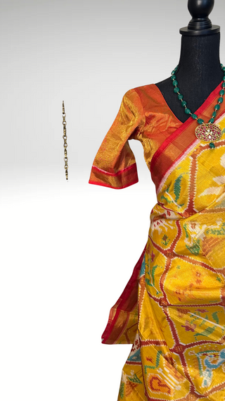 Tissue silk patola silk saree with  silk finish pallu with prestitched blouse