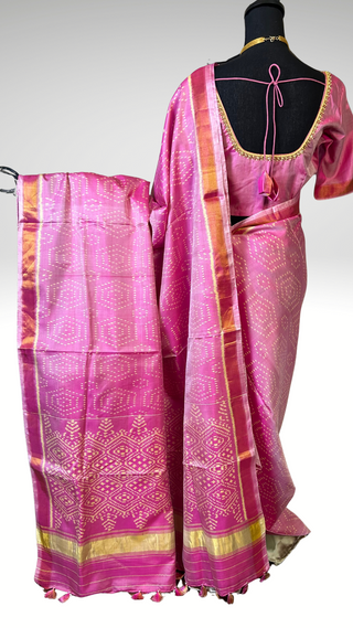 Pink pastel silk patola silk saree with  silk finish pallu with prestitched blouse