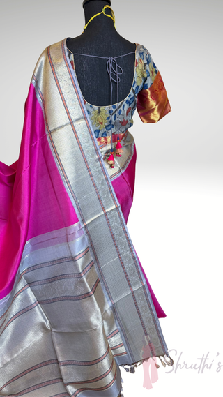 One saree two look’s Handloom Pink kanjivaram silk saree with kalamkari blouse two  stitched blouse  Indian wedding muhurtam silk bridal blouse online shopping usa Diwali