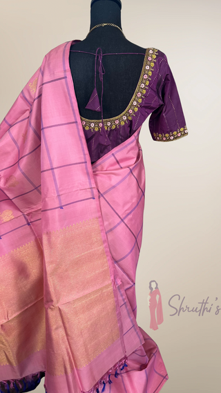 Lotus Pink Kanjivaram silk saree with stitched Hand Embroidered pure silver zari Gold zari Indian wedding muhurtam silk bridal blouse online shopping usa