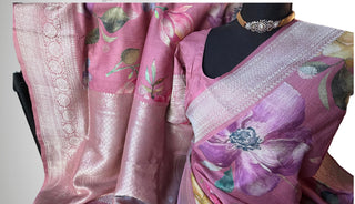 Lotus Pink Tussar Beneras Floral printed Katan saree with prestitched blouse
