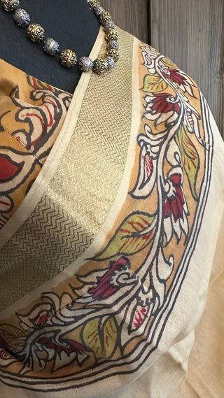 Pen Kalamkari hand painted embroidered  tussar saree online usa with stitched blouse