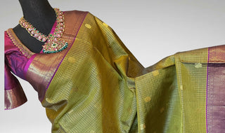 Pure mehandi green purple kanjivaram silk saree with prestitched blouse