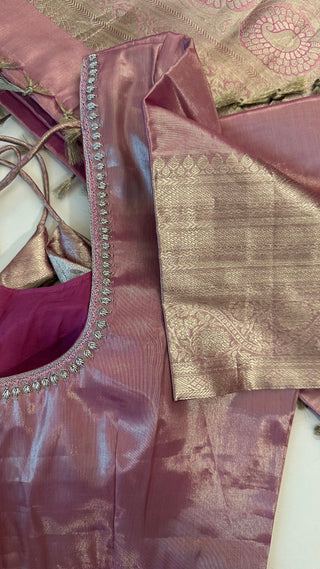 Pure Silver zari Tissue Kanchi Pattu saree with stitched blouse online shopping usa pastel silver zari kanjivaram