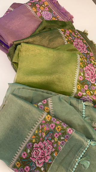 Pure Tissue Beneras pastel Green Party wear handloom handwoven pure silk saree stitched blouse saree readymade online USA