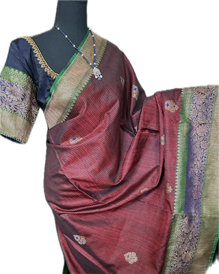 Maroon Tussar Beneras Katan saree with prestitched blouse