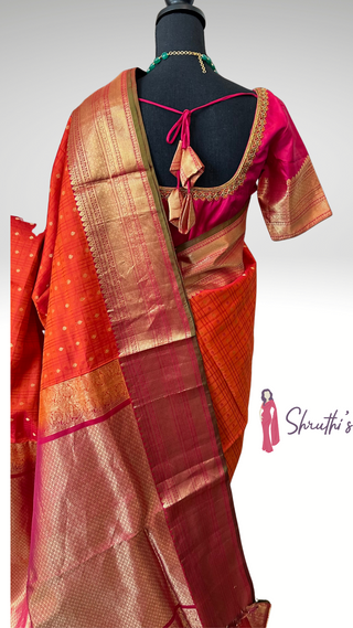 Pure Orange  Handwoven kanjivaram silk saree online pure handwoven red kanjivaram silk saree easy drape red saree Indian bride bridal saree
