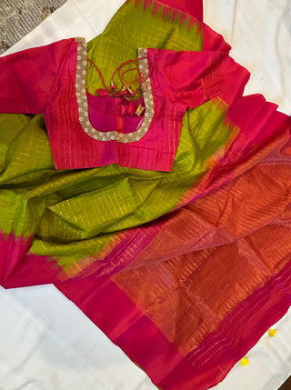 Green Gadwal handwoven silk saree with stitched blouse