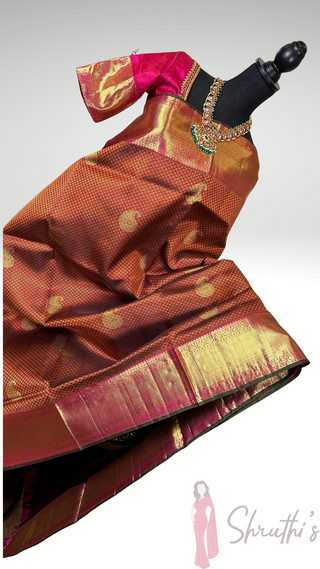Pure Kanjivaram Handloom Brocade Light Amber silk saree pure zari  Muhurtam Wedding Saree with ready to wear ship Blouse Online USA
