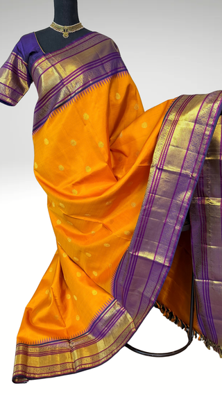 Apricot to Indigo Border Pure Kanjivaram Silk saree with stitched blouse ready to wear latest Diwali navarathri collection online USA
