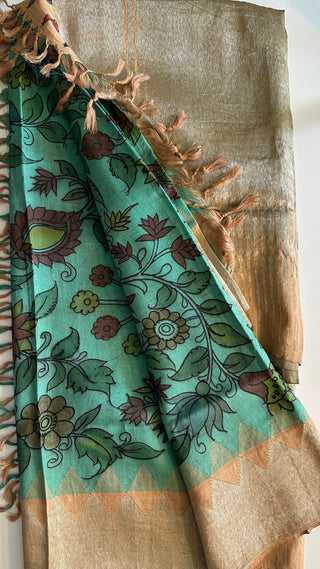Turquiose Pen Kalamkari Kanchi pattu saree with silver zari pallu easy drape pure silk saree usa
