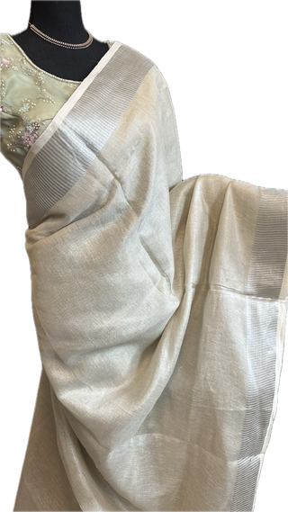 White Linen saree silver zari  with stitched  blouse online usa sale latest linen lightweight partywear zari borders