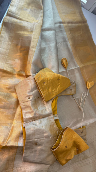 Gold Kanjivaram saree for bride tissue Kanchi Kora Pure zari silk saree with stitched  blouse online shopping usa