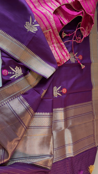 Benerasi Purple raw mango style Handloom silk saree Katan silk saree online shopping with prestitched blouse